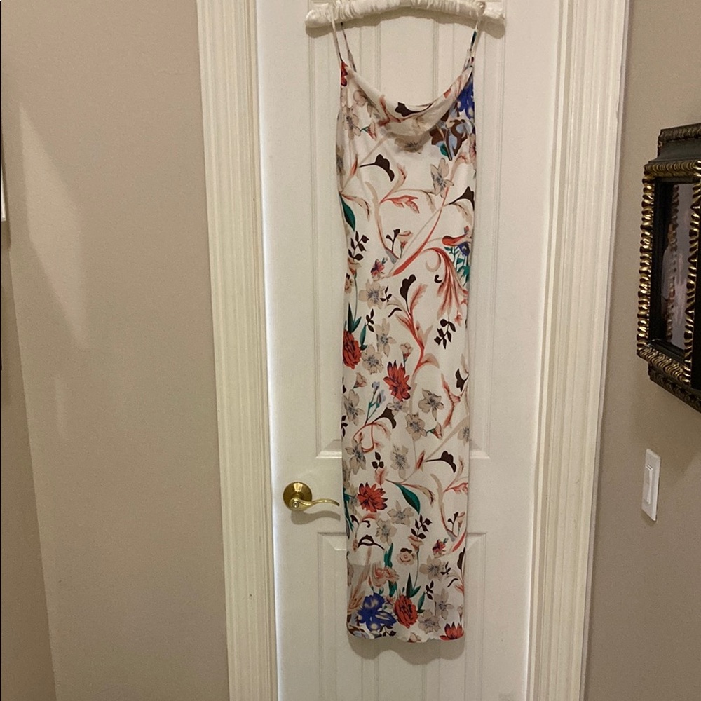 Lulu's Cream Floral Midi Dress with Red, Blue & Green Accents